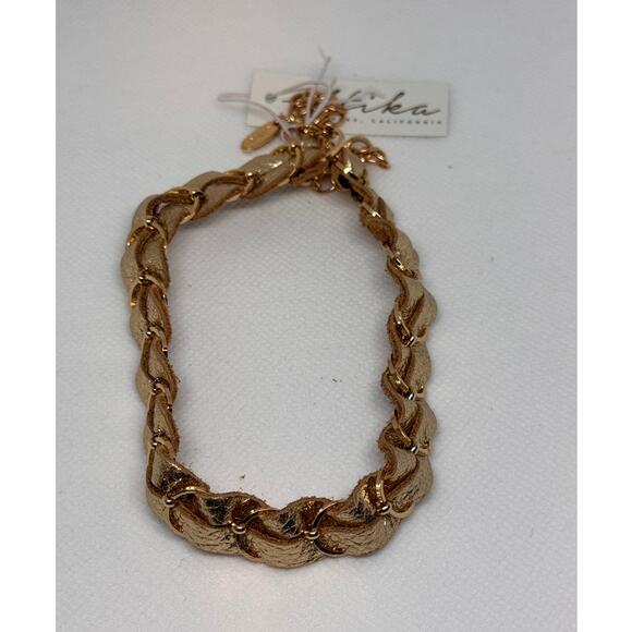 NEW ETTIKA ANTHROPOLOGY Gold-Tone Braided Leather Choker Necklace - Picture 1 of 2